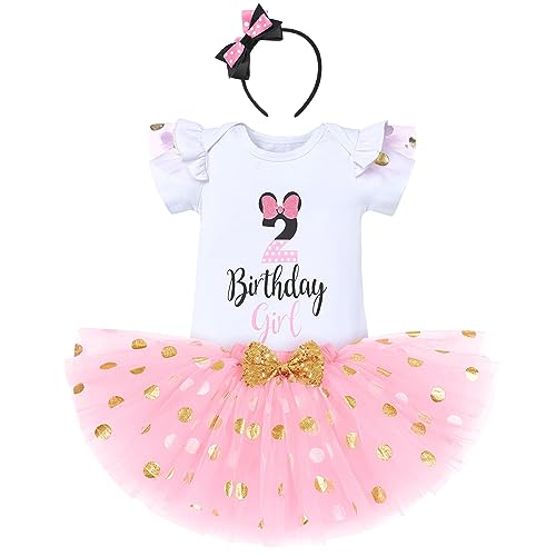 IBTOM CASTLE Cake Smash 1st 2nd 3rd Birthday Girl Princess Outfit Polka Dots Dress Ruffle Tulle Tutu Skirt Set Wild ONE Party Dance Fancy Carnival Costume Pageant Summer Evening Gown Pink-2nd 2T