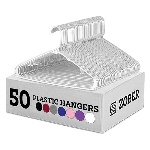 Zober Plastic Hangers 50 Pack - Standard Set of Slim Heavy Duty Clothes Hangers w/Hooks for Coats, Jackets & Pants for Everyday Use, White
