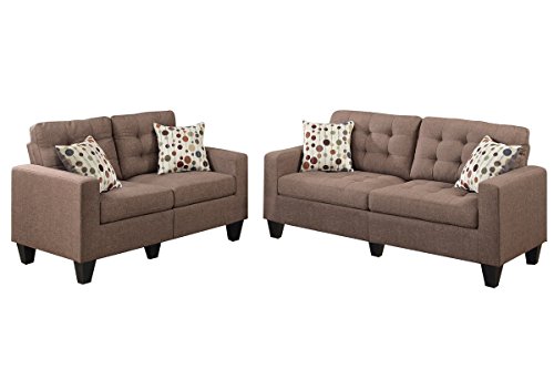 Poundex Bobkona Windsor Linen-Like 2 Piece Sofa and Loveseat Set, Light coffee