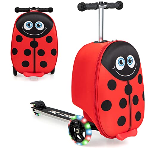 GLACER 19'' Hardshell Ride-on Suitcase Scooter, Carry-on Luggage & Scooter w/LED Wheels, Anti-Slip Aluminum Deck, Foldable Kids Ride-on Suitcase Travel & School, Cute & Lightweight (Ladybug) colorful