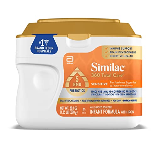 Similac 360 Total Care Sensitive Infant Formula for Fussiness & Gas Due to Lactose Sensitivity, Has 5 HMO Prebiotics, Non-GMO,‡ Baby Formula Powder, 20.1-oz Tub