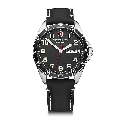 Victorinox Fieldforce Stainless Steel Analog Quartz Watch with Leather Strap, Black, 20 (Model: 241846)