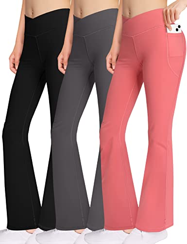 Girls Bootcut Yoga Pants with Pockets - V Cross High Waist Flare Workout Dance Leggings for Kids