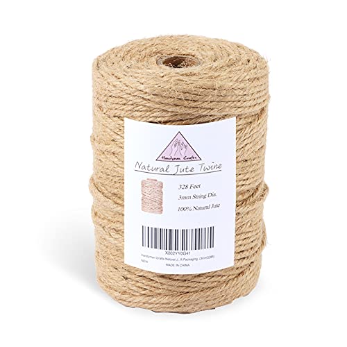Handyman Crafts Natural Jute Twine Hemp Rope (1.5mm/2mm/3mm/6mm) Durable String for Handmde Crafts,Gardening Applications,Home Gardening,Cat Scratching Post,Gift Packaging. (3mm*328ft)