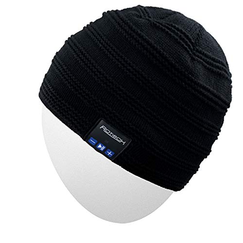 Rotibox Rechargeable Bluetooth Beanie Hat Fashional Short Cap w/Wireless Headphones Headsets Earpiece Speakerphone Mic for Outdoor Sports Skating Hiking Camping Skiing Snowboard - Black
