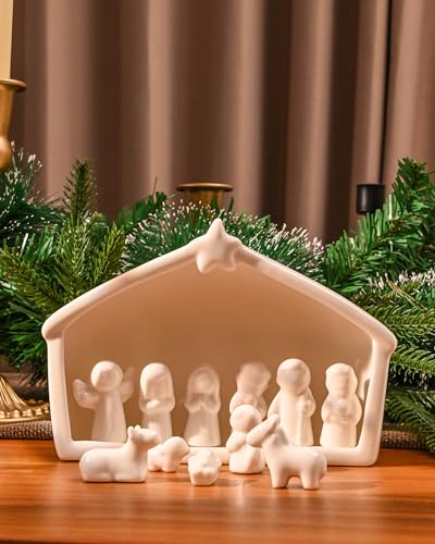 WDS WONDROUS 12 Pieces Ceramic Nativity Set, Miniature Christmas Nativity Figurine, White Porcelain Nativity Scene for Christmas Indoor Farmhouse Creche Tabletop Decorations Holy