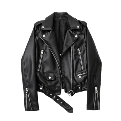 Autumn And Winter Imitation Leather PU Jacket Women's Lapel Motorcycle Jacket Black Zipper Motorcycle Jacket black XS
