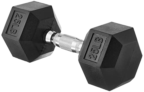 Amazon Basics Rubber Encased Exercise & Fitness Hex Dumbbell, Hand Weight For Strength Training, 25 Pounds, 11.3 Kilograms, Black & Silver(Pack of 1)