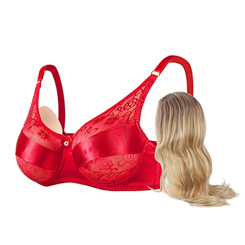 Silicone Breast Forms with Pocket Bra for Mastectomy Crossdresser Cosplay Include Crossdressing Wig (A500, Red)