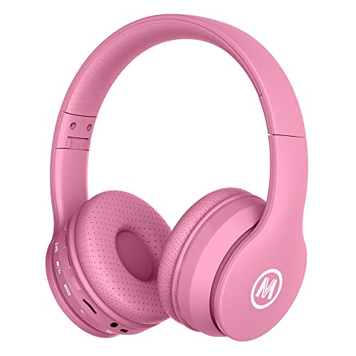 Mokata Headphones Bluetooth Wireless/Wired Kids Volume Limited 85 /110dB Over Ear Foldable Protection Headset with AUX 3.5mm Mic for Boys Girls School Pad Tablet Pink