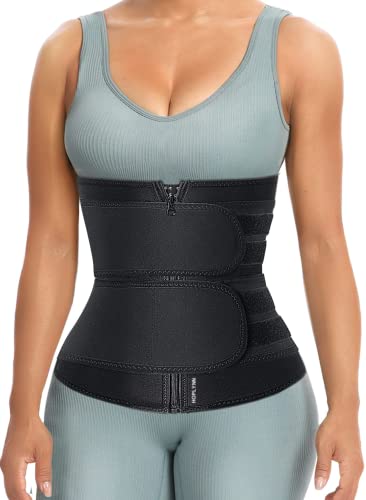 HOPLYNN Sweat Waist Trainer for Women Two Belts, Neoprene Workout Corset Waist Trainer Cincher Trimmer Shaper Zipper Black Large