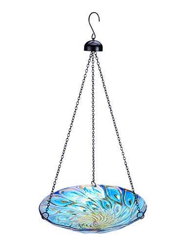 MUMTOP 11 inch Hanging Bird Bath Glass Bird Bath Peacock Outdoor Bird Feeder for Garden Yard Decoration