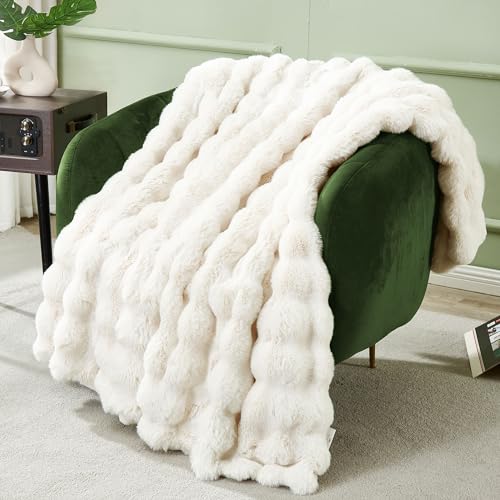 DREAMNINE Decorative Soft Thick Fuzzy Faux Rabbit Fur Throw Blanket for Couch Sofa, Reversible Plush Warm Fleece Fluffy Blanket for Winter, Luxury Cute Cozy Furry Blanket for Bed,50' x 60',Cream White
