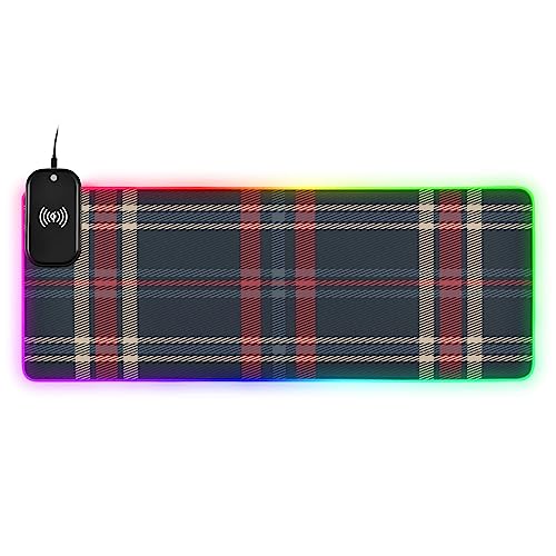 Nesatuwa Vintage Colorful Plaid Classial Buffalo Check Tartan Mouse Pad with Wireless Charging 15W Fast Wireless Chargering Non-Slip Keyboard Pad 14 Light Modes Gaming Mouse Pad 35.4 'X15.7