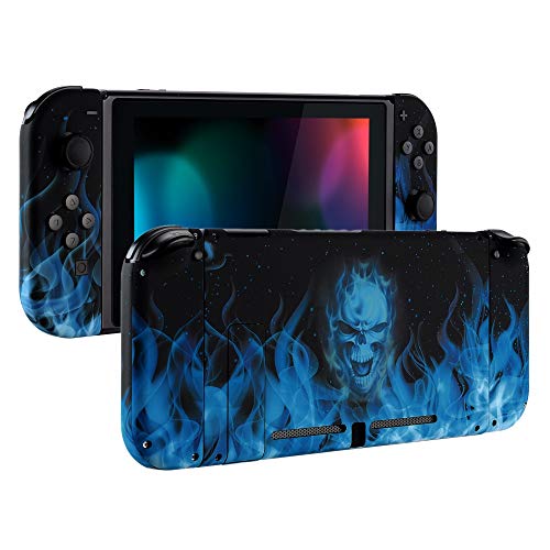 eXtremeRate DIY Replacement Shell Buttons for Nintendo Switch, Soft Touch Back Plate for Switch Console, Custom Housing Case with Full Set Buttons for Joycon Handheld Controller - Blue Flame Skull
