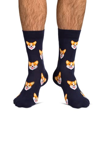 JNRB Men's Cotton Colored Bright Crew Dress Novelty Socks funny cute your favorite Dog breed printed, L-XL (Corgi)