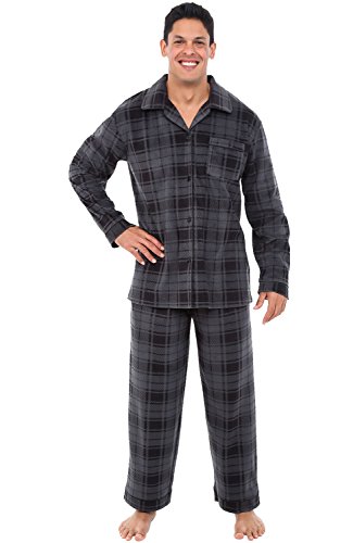 Alexander Del Rossa Men's Soft Plush Fleece Pajama Lounge Set, Warm Long Sleeve Shirt and Pants, PJ Gray Plaid Large (A0330R40LG)