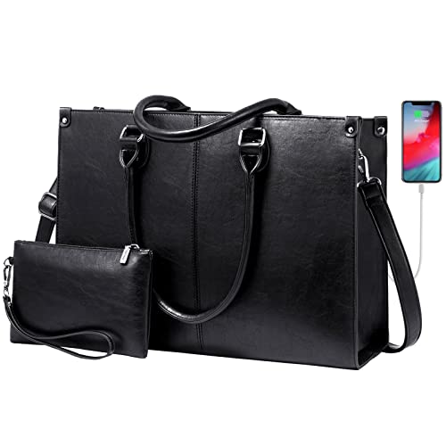 LOVEVOOK Laptop Bag for Women, 15.6 inch Laptop Tote Work Bags with USB Charging Port, Vintage Leather Computer Bag