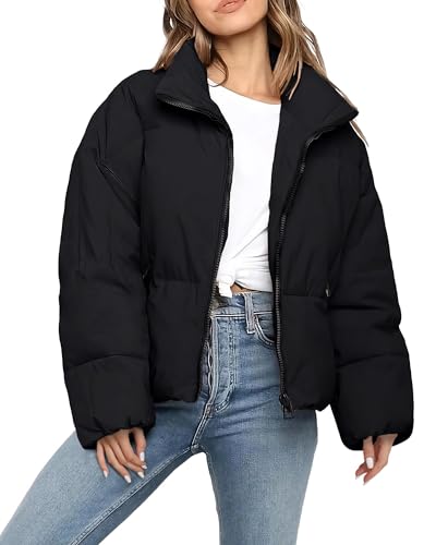 NORTH FARER Womens Winter Cropped Puffer Jacket for Long Sleeve Oversize Puffy Coat Short Warm Quilted Jacket