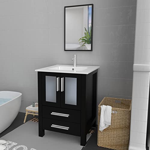 eclife 24' Modern Bathroom Vanity Sink Combo with Overflow Ceramic Sink Top & MDF Stand Bathroom Cabinet & Chrome Solid Grass Faucet and Pop Up Drain Vanity Mirror (A08B03)