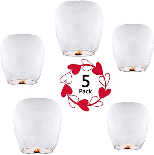 Chinese Lanterns & Sky paper Lanterns (5 Pack) ECO Friendly, 100% Biodegradable - Beautiful Lantern for White or Weddings, Birthdays