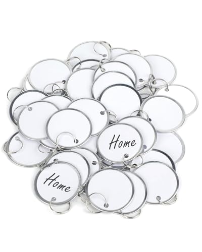 Uniclife 50 Pcs Metal Rim Key Tags 1.5 Inch Round Key Chain Tags Writable White Paper Labels with Metal Edges and Split Rings Sturdy Lightweight Key Item Identifiers