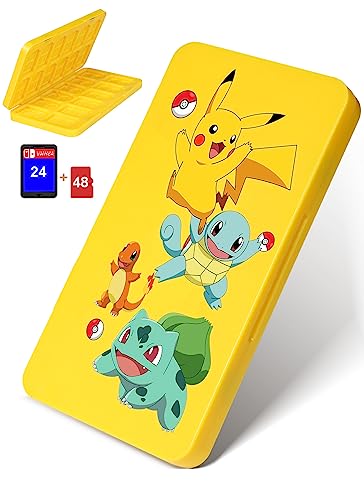 Xcitifun Switch Game Case Designed for Nintendo Switch Game Holder Storage Card Cute Kawaii Cartridge Cases for Switch 24 Games Card Slot & 48 Micro SD Cards Slots for Boys Girls Kids (Yellow Poke)