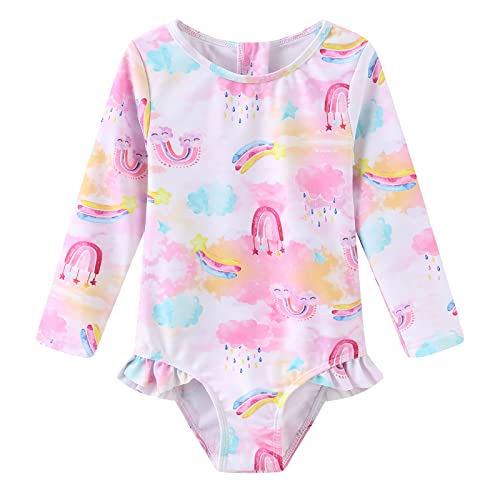 Toddler Girls One Piece Swimsuits Long Sleeve Rash Guard for Kids Girls UPF 50+ Sun Protection Swimshirts Pink 3T