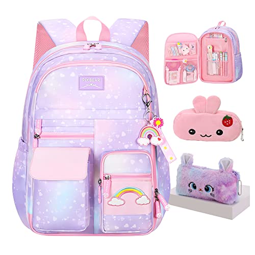 Jcobvig Kawaii Backpack For Girls Kids,Cute Student School Backpack With Pen Bag,Purple Aesthetic Starry Rainbow Laptop Travel Bag (Purple Medium 16.5in