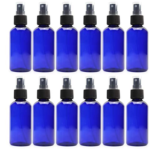 4oz Blue PLASTIC Fine Mist Spray Bottles (12-Pack w/ Black Sprayers); BPA-Free Plastic Spritzer Bottles, Labels Included; PET #1 Plastic Bottles