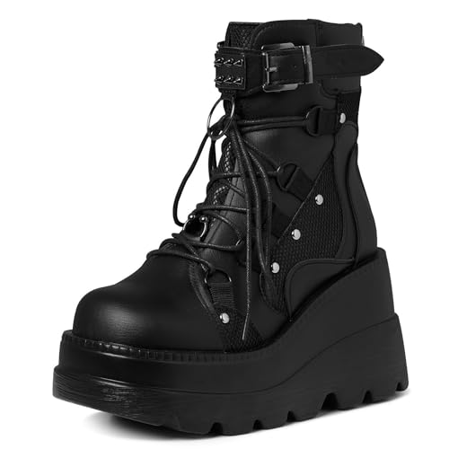 Tscoyuki Platform Ankle Boots for Women Chunky High Heel Booties Gothic Round Toe Combat Boots Women Lace Up Motorcycle Wedges