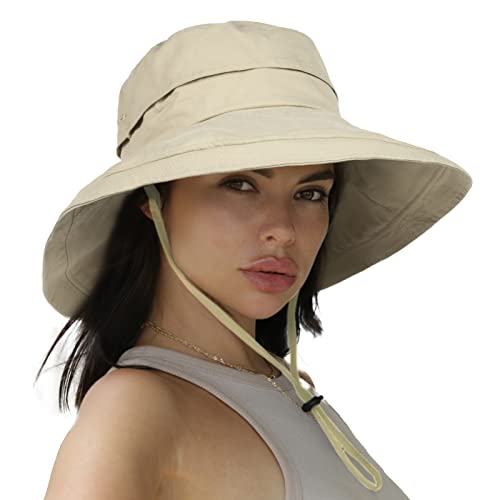 Hatiis Sun Hats for Women Gardening Hat Wide Brim Beach Sun Protection Breathable Cotton Summer Hat with Fold-Up Brim (Light Khaki, Medium)