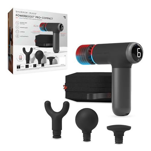 Sharper Image Powerboost Pro+ Hot & Cold Compact Percussion Massager, Dual-Temperature Node, Soothing Heat & Cold Therapy, 6 Speed, 4 Attachments, Lightweight Portable Athlete Recovery, Travel Case