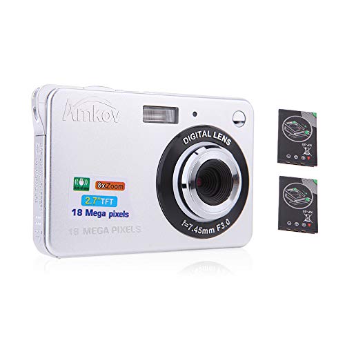 AMKOV Compact HD Digital Camera Video Camcorder 18MP 2.7' TFT 8X Zoom Smile Capture Anti-Shake with 2pcs Batteries Christmas Festival Gift