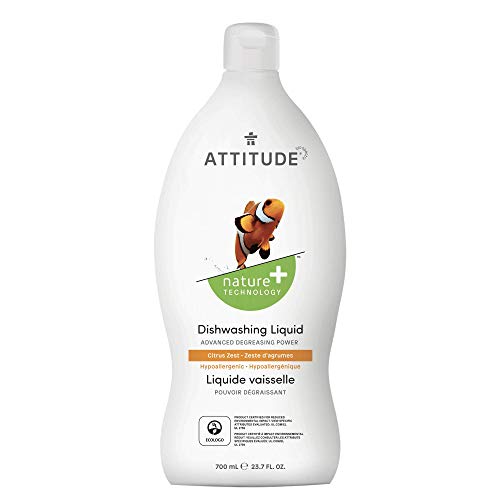 ATTITUDE Dishwashing Liquid, EWG Verified, Advanced Degreasing Power, Plant- and Mineral-Based Ingredients, Vegan and Cruelty-free, Citrus Zest, 23.7 Fl Oz