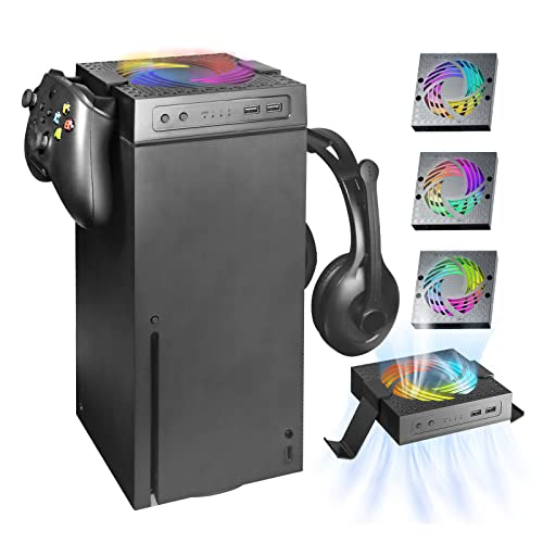 Cooling Fan for Xbox Series X, Xbox Series X Cooler Cooling Fan with Auto Fan Speed Adjustable by Temperature, Controller Stand, Low Noise, RGB Light, 2 USB Ports for Charging & Data Transmission
