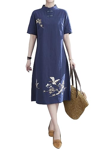 DOVWOER Women's Linen Embroidered Cheongsam Dress Button Midi Dresses with Pockets