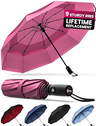 Repel Umbrella Windproof Travel Umbrella - Compact, Durable, Auto Open Close, Strong Fiberglass Frame, Waterproof Canopy, Small Portable Umbrellas for Rain, Backpack, Purse - Travel Umbrella