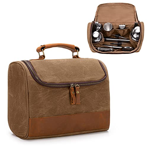 LoDrid Travel Bartender Bag for Bar Kit, Genuine Leather Waxed Canvas Portable Bartender Carry Bag with Handle for Travel Home Indoor Outdoor Party (Bag Only), (Patent Design)