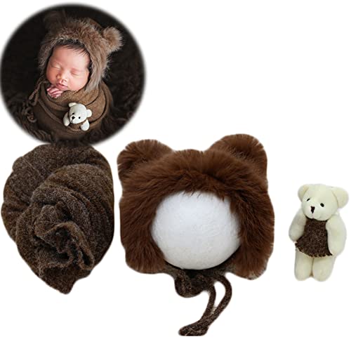 Zeroest Baby Photography Props Bear Hats Blanket Newborn Photo Shoot Outfits Infant Photos Hat Wrap (Coffee)