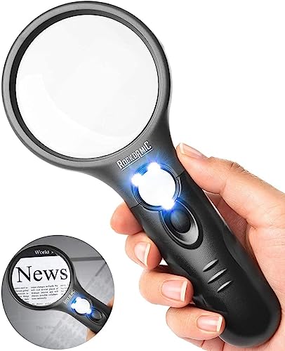 RockDaMic Professional Magnifying Glass with Light (3X / 45x) Large Lighted Handheld Glass Magnifier Lupa for Reading, Jewelry, Coins, Stamps, Fine Print (Black) (45)