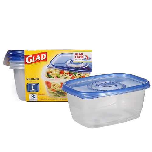 GladWare Deep Dish Food Storage Containers | Large Rectangle Food Storage, Food Containers Hold up to 64 Ounces of Food | Glad Containers with Glad Lock Tight Seal, 3 Count, Standard
