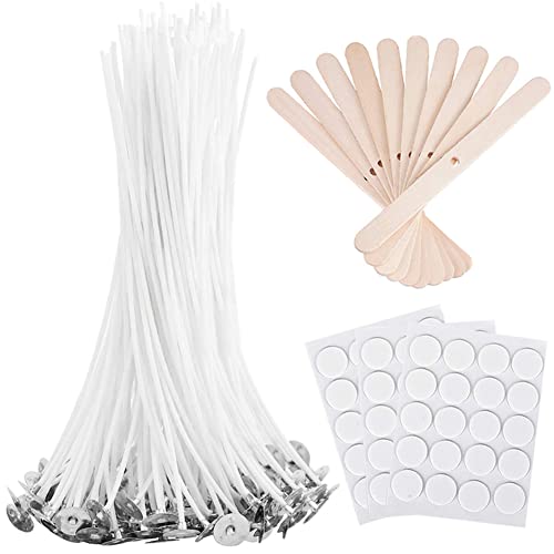 Bulk 6inch Candle Wicks 100 Pcs with 60Pcs Candle Wick Stickers and 10 Pcs Wooden Candle Wick Centering Device for Soy Beeswax Candle Making (6inch)
