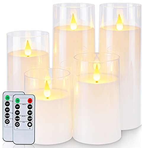 Homemory Pure White Flickering Flameless Candles, Battery Operated Acrylic LED Pillar Candles with Remote Control and Timer, Set of 5