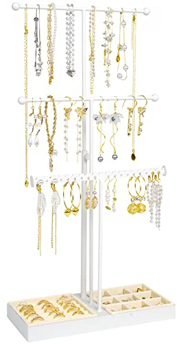 Jewelry Stand Necklace Holder, 3 Tier Necklace Organizer With Velvet Earrings Rings Tray, Adjustable Height Jewelry Organizer, Necklaces Hanging Storage Tree Display For Bracelets Bangles Watches