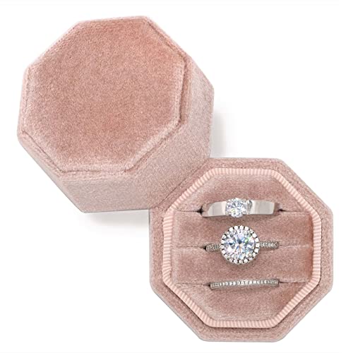 Beatilog Velvet Ring Box 3 Slots - Octagon Premium Handmade Three Rings Slot Bearer Storage for Wedding Ceremony, Proposal, Engagement, Photography (Blush Peach)