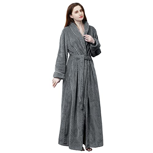 Hellomamma Womens Long Robe Soft Warm Fleece Plush Bathrobe Ladies Sleepwear Pajamas Housecoat Nightgown Gray