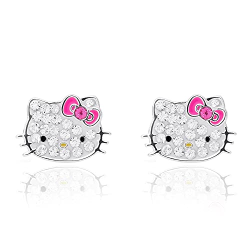 Sanrio Hello Kitty Womens Clear Crystal Stud Earrings - Silver Plated Hello Kitty Earrings Officially Licensed