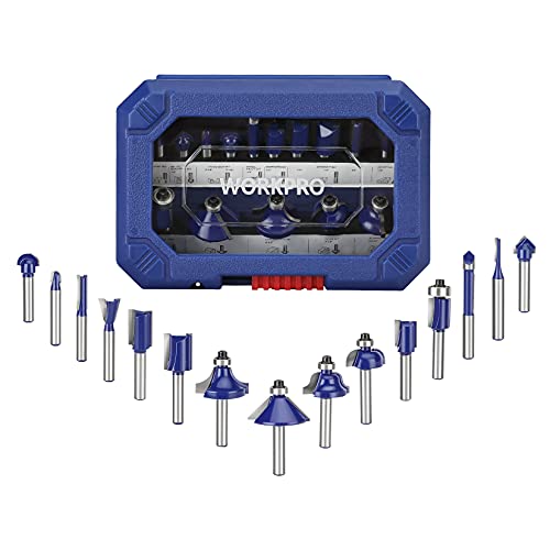 WORKPRO Router Bits, 15-Piece Router Bits 1/4-Inch Shank Tungsten Carbide with Storage Case, Router Bits Set for Woodworking, Solid Woods, Hard Woods, Chipboard, MDF, DIY, Carpenter and Beginners