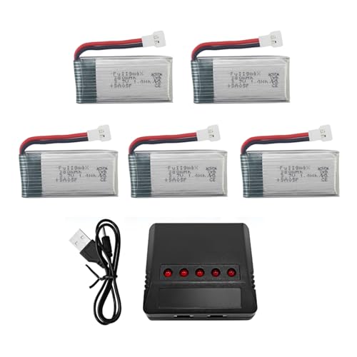 Fytoo 5PCS 3.7V 380mAh Lithium Battery with 5 in 1 Charger for Hubsan X4 H107 H107C H107L RC Quadcopter Syma X11 X11C, HS170 HS170C F180C HS170G TOZO Q2020 E016H E016F FX801 V911S A120 XK A150 V966